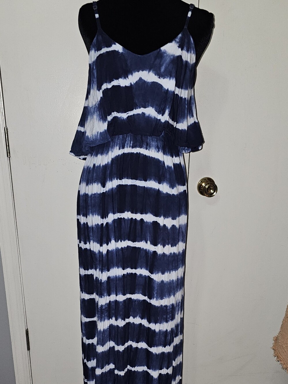 Japna Women's Navy and White Tie-Dye Maxi Dress W/ Elastic Band Empire Sz Med